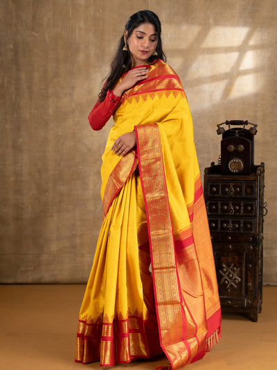 Yellow and  Red Pure Kanchipuram Silk Saree