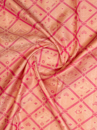 Cream and pink Ikat Woven Pure Kanchipuram Silk Saree