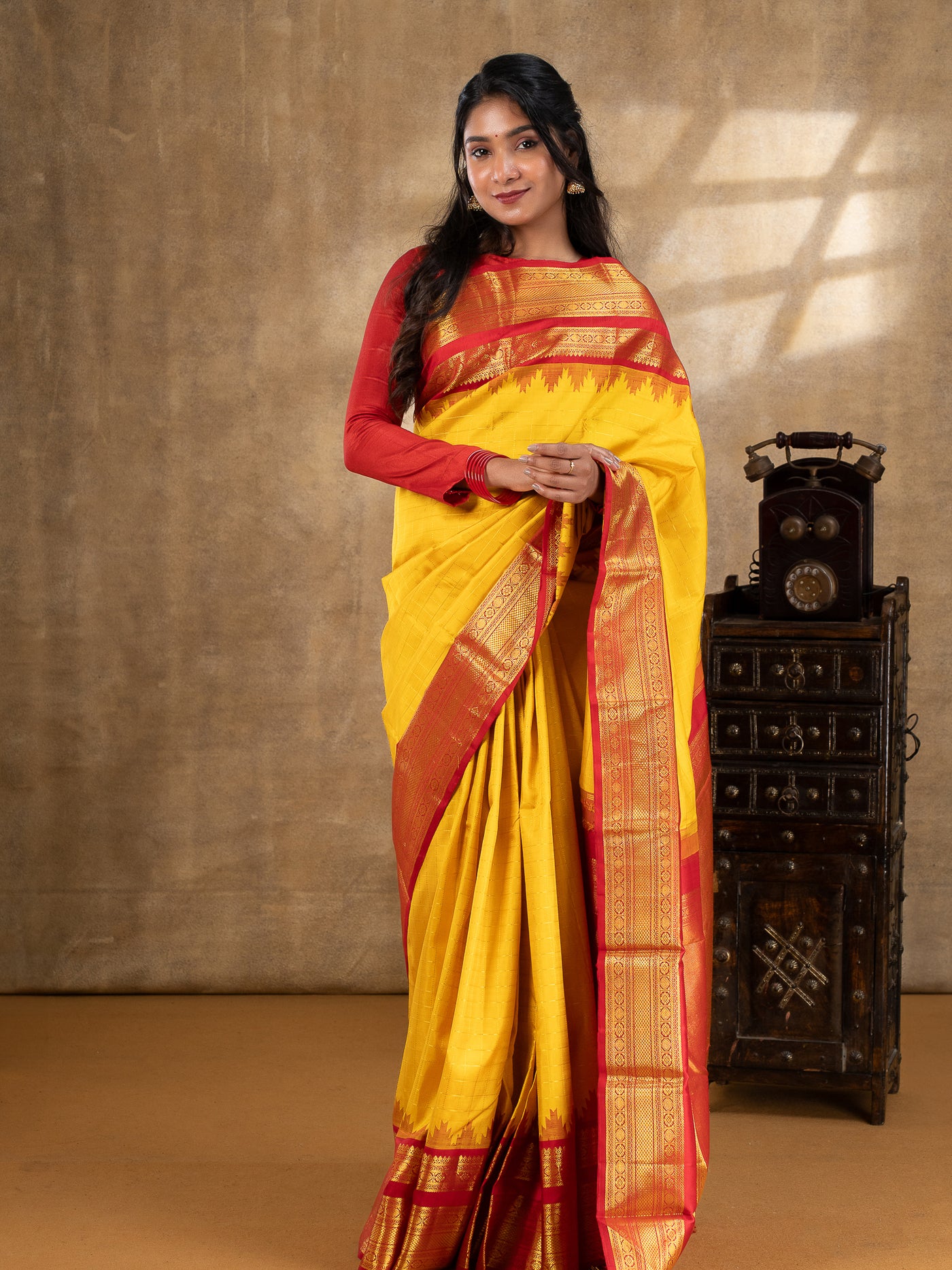 Yellow and  Red Pure Kanchipuram Silk Saree