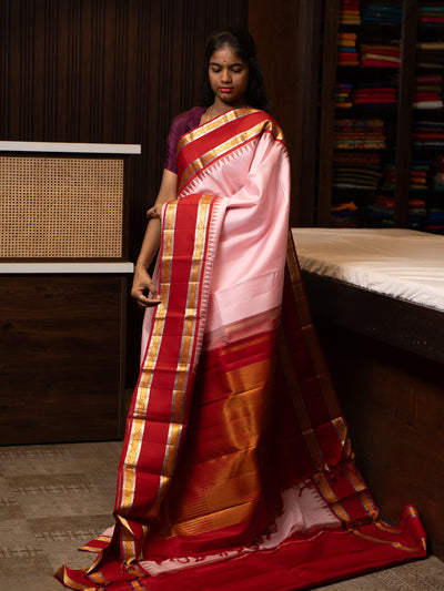 Cherry Pink and Red Zari Pure Kanchipuram Silk Saree - Clio Silks