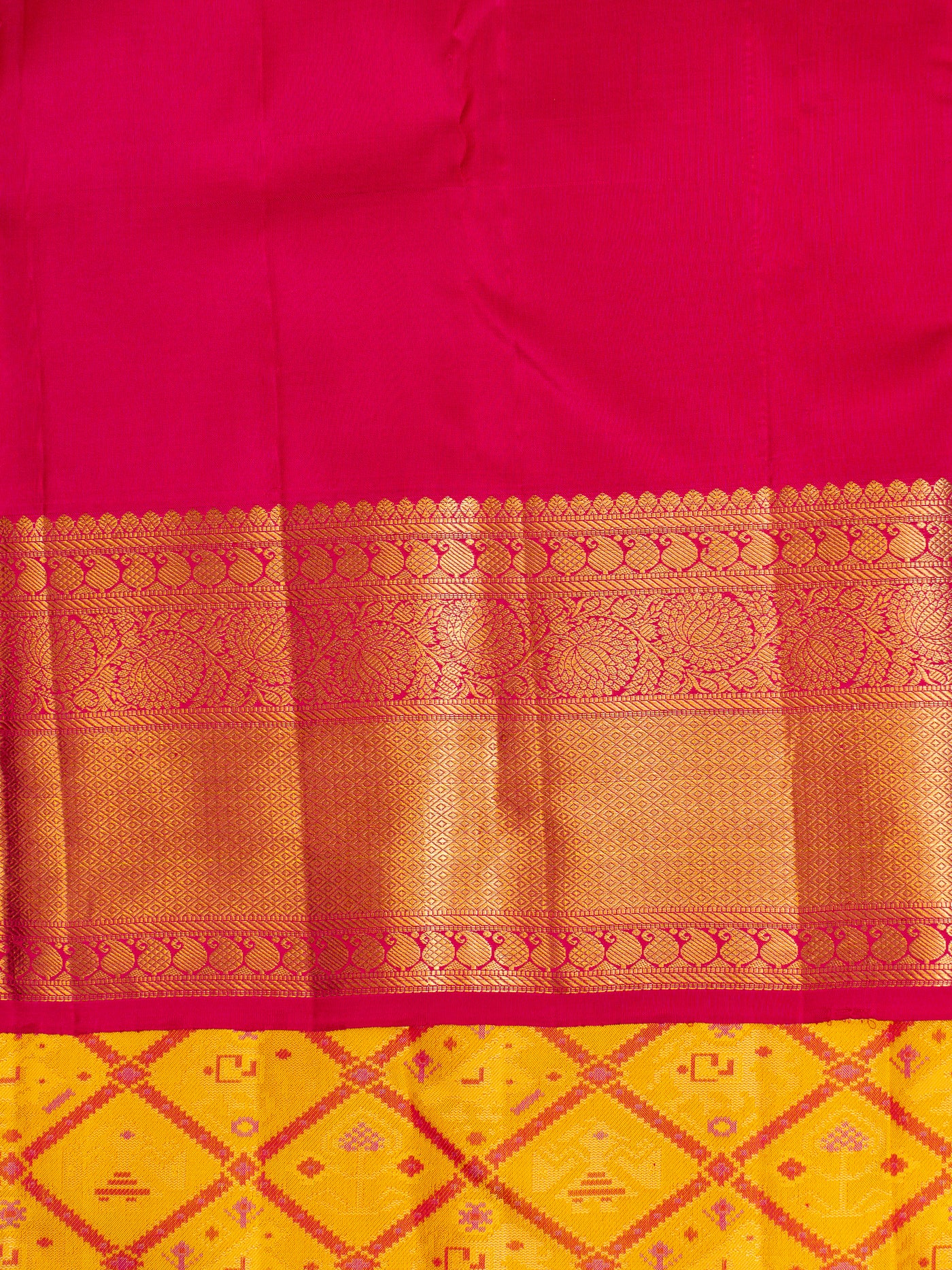 Yellow and Pink Ikat Woven Pure Kanchipuram Silk Saree