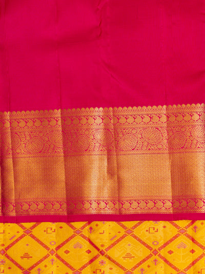 Yellow and Pink Ikat Woven Pure Kanchipuram Silk Saree