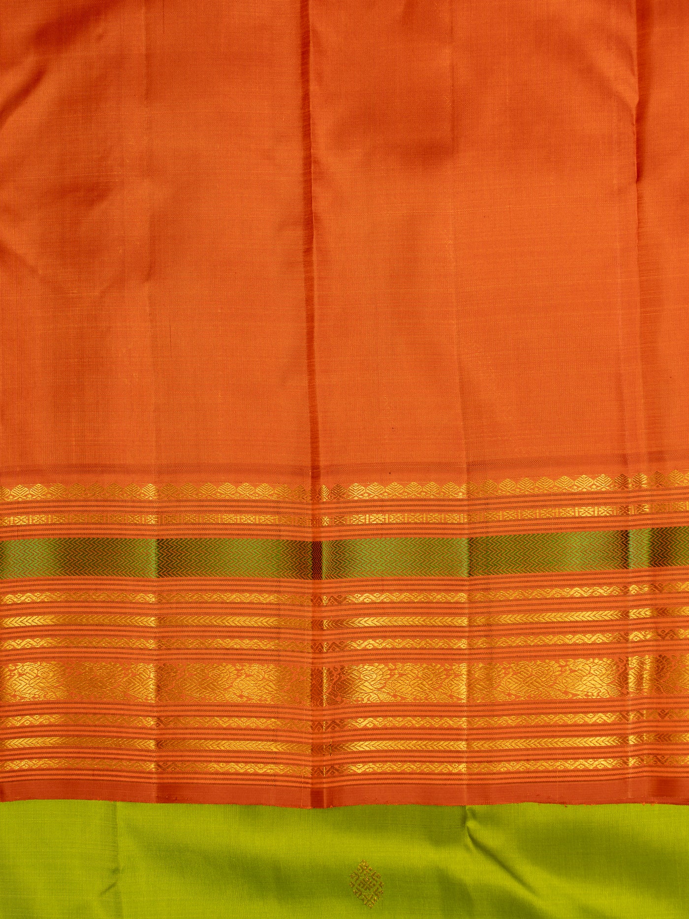 Leaf Green and Orange Korvai Varisaipettu Pure Kanjivaram Silk Saree