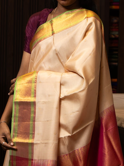 Cream and Green Kanchipuram Silk Saree - Clio Silks