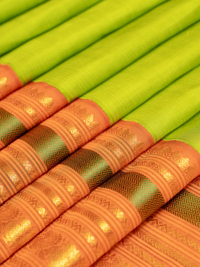 Leaf Green and Orange Korvai Varisaipettu Pure Kanjivaram Silk Saree