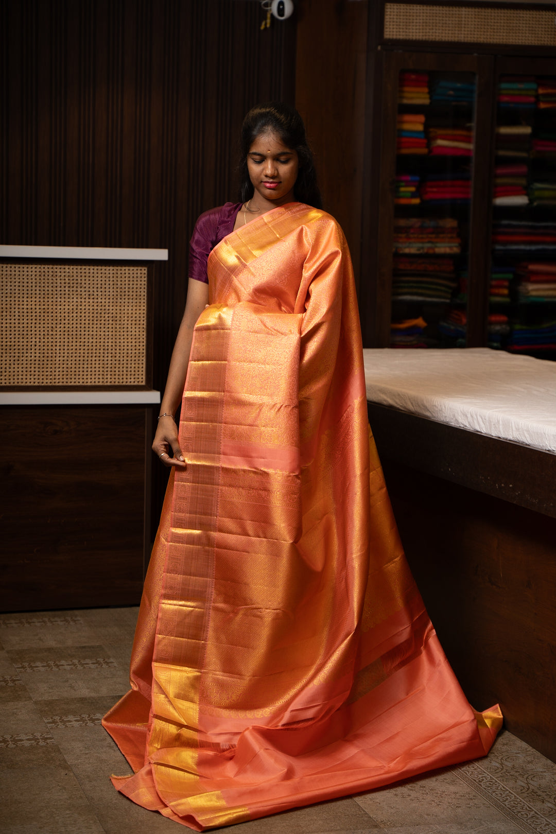 Peach Vanasingaram Zari Brocade Kanchipuram Silk Saree - Clio Silks