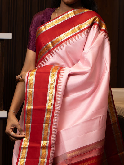 Cherry Pink and Red Zari Pure Kanchipuram Silk Saree - Clio Silks