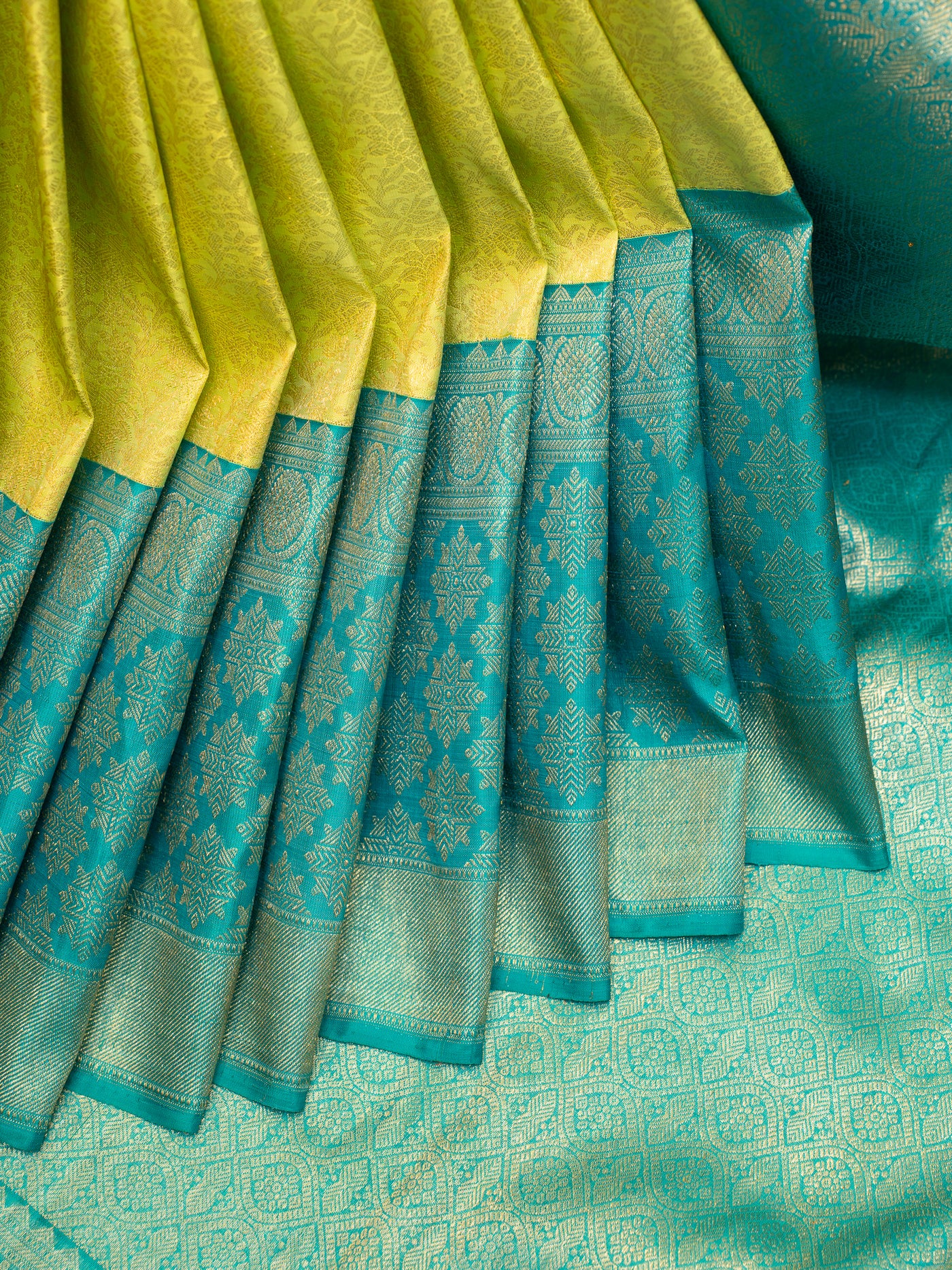 Lime Green and Teal Blue Pure Brocade Kanchipuram Silk Saree