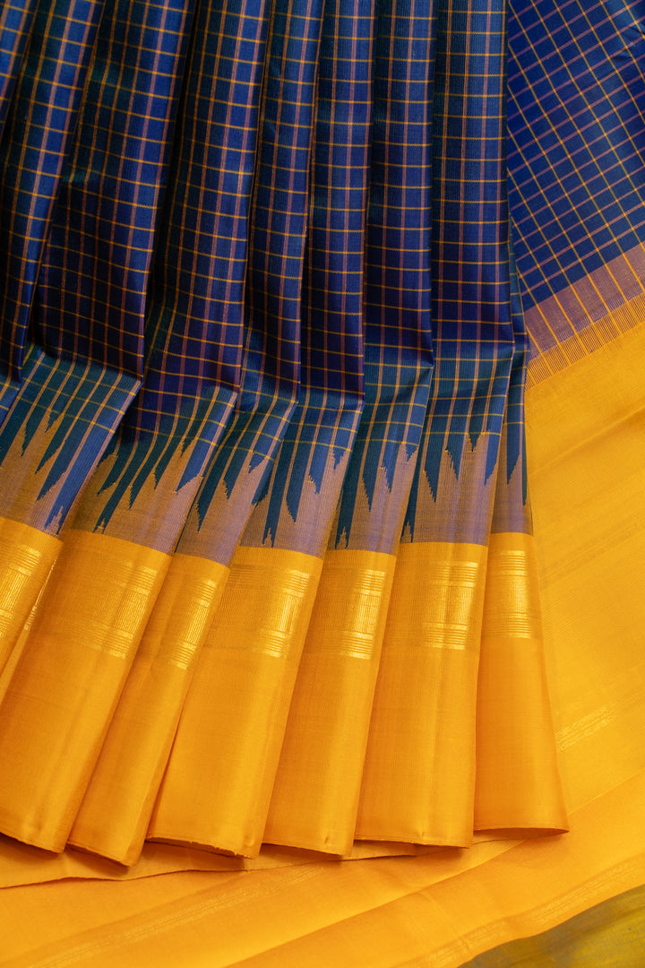 Peacock Blue and Mustard checks Pure Kanchipuram Silk Saree
