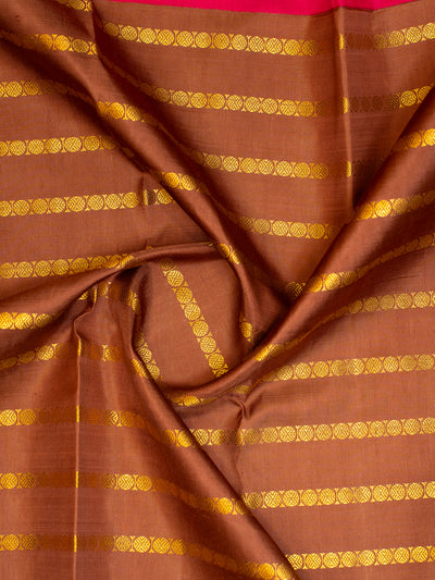 Brown and Magenta Stripes Big Border Pure Kanjivaram Silk Saree