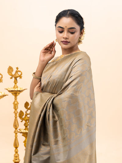 Celadon Gold Paisley Brocade Pure Zari Kanchipuram Silk Saree