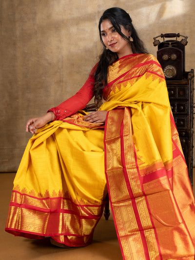 Yellow and  Red Pure Kanchipuram Silk Saree