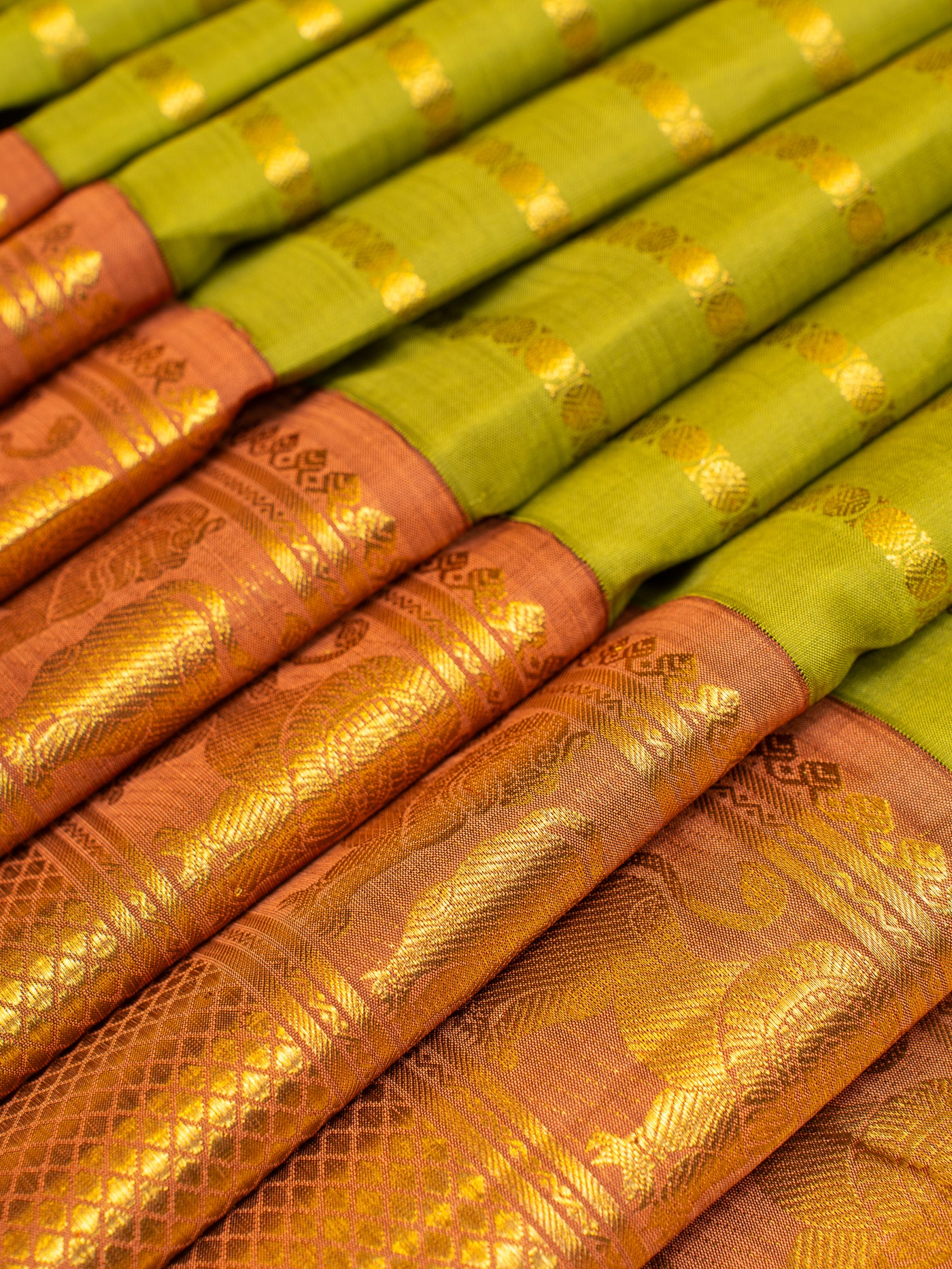 Olive Green and Mauve Stripes Big Border Pure Kanchipuram Silk Saree