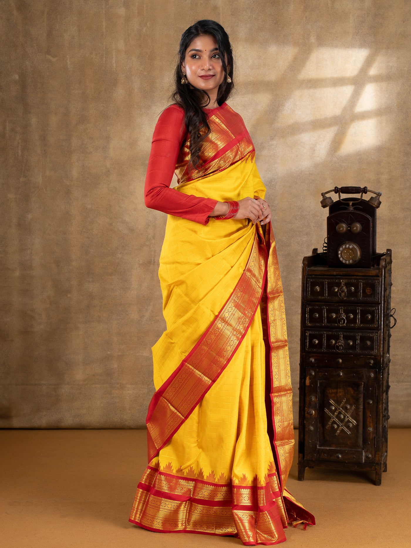 Yellow and  Red Pure Kanchipuram Silk Saree