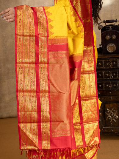 Yellow and  Red Pure Kanchipuram Silk Saree