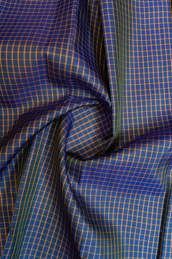 Peacock Blue and Mustard checks Pure Kanchipuram Silk Saree