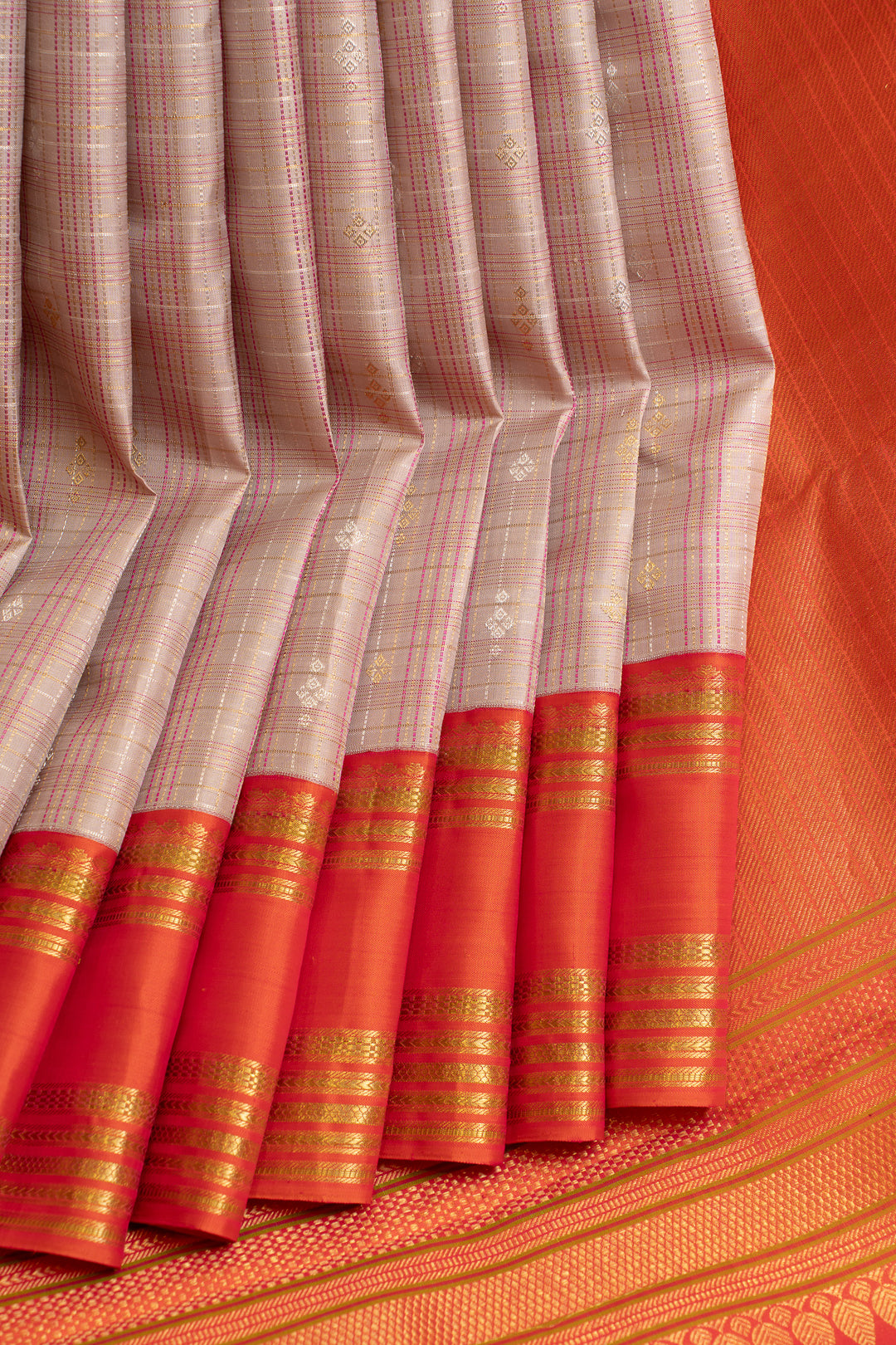 Light pink multi checks pure Kanchipuram silk saree