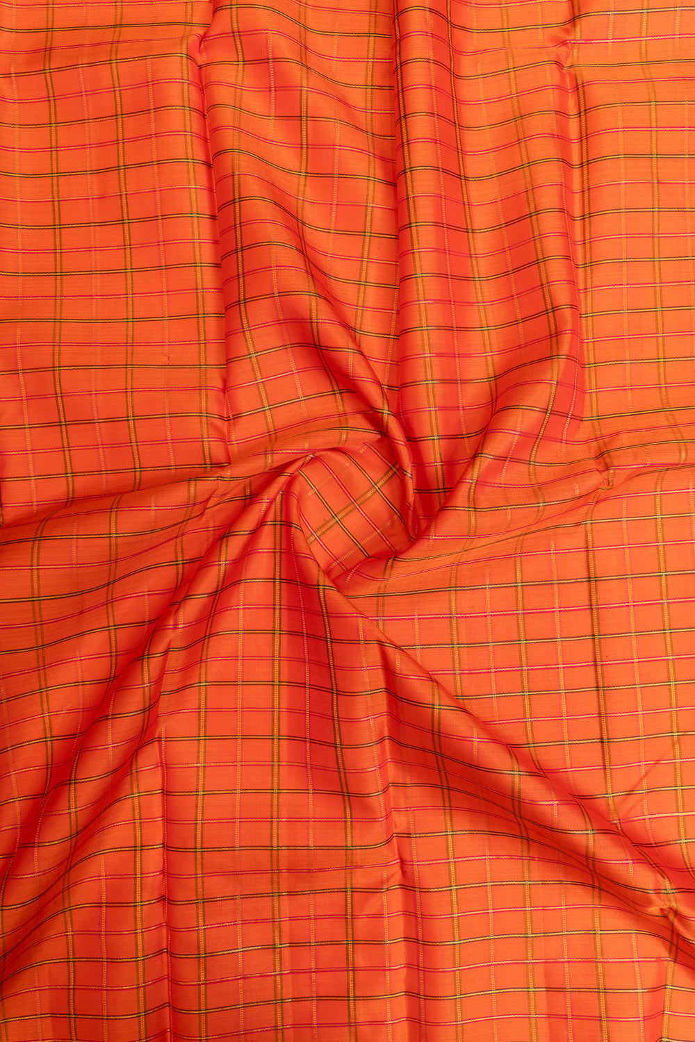 Orange borderless checks pure Kanchipuram silk saree