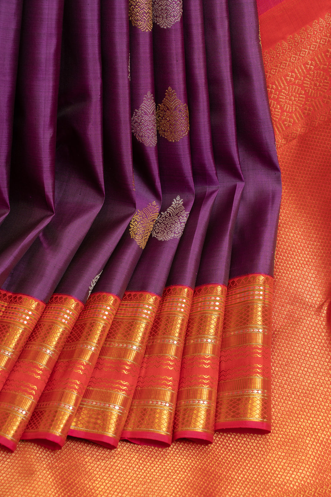 Purple and orange pure Kanchipuram silk saree