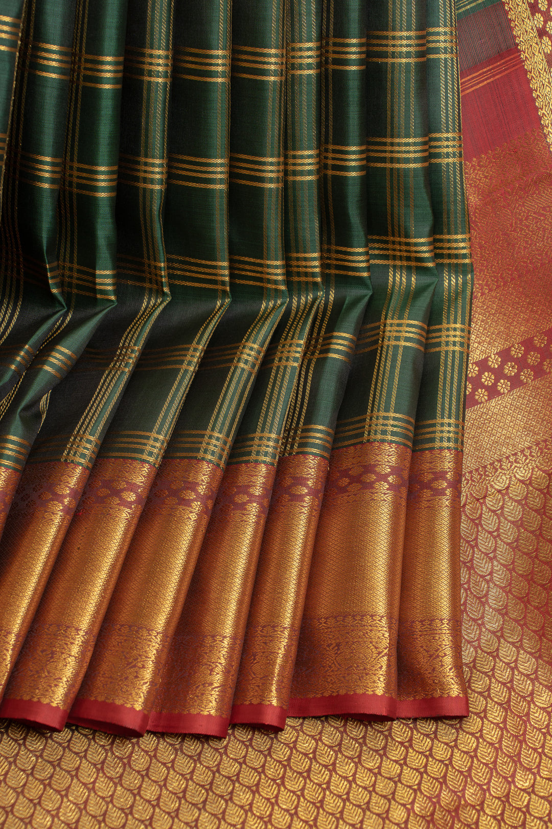 Bottle green and maroon pure Kanchipuram silk saree