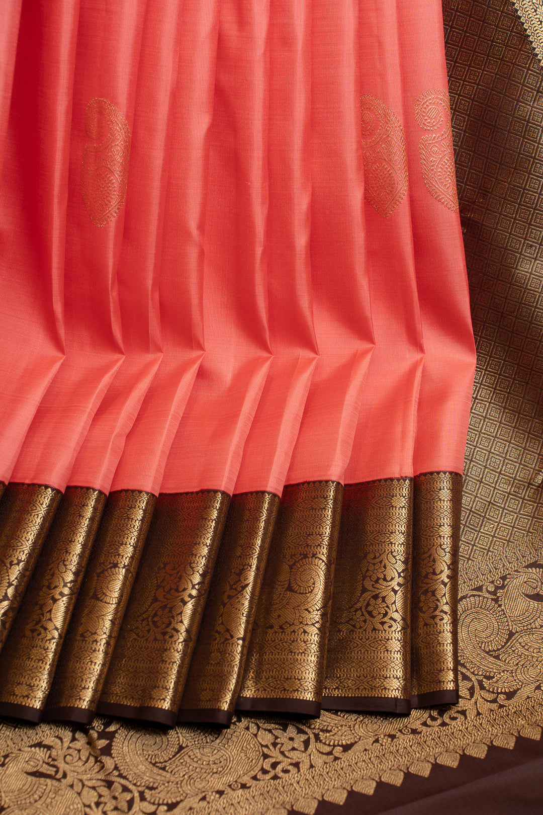 Pink and brown traditional pure Kanchipuram silk saree