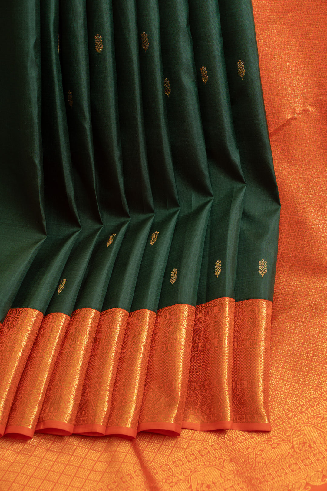 Bottle green and orange pure Kanchipuram silk saree