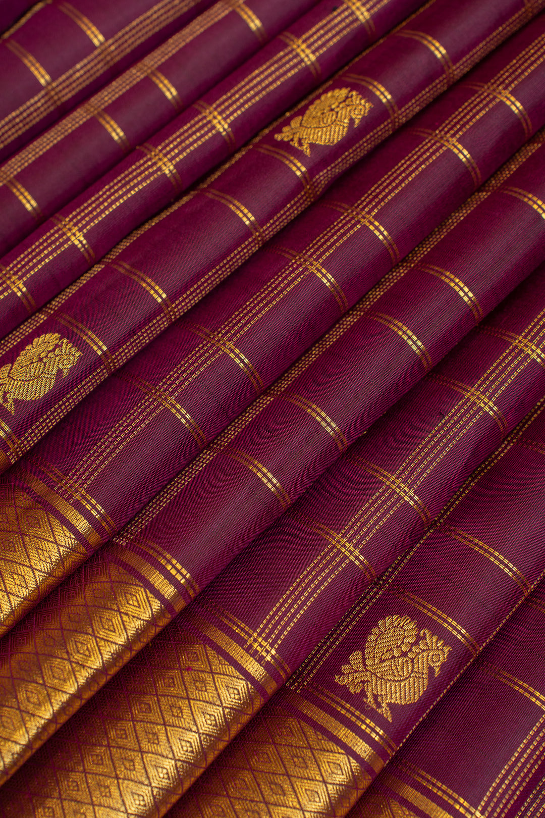 Purple zari checks pure Kanchipuram silk saree