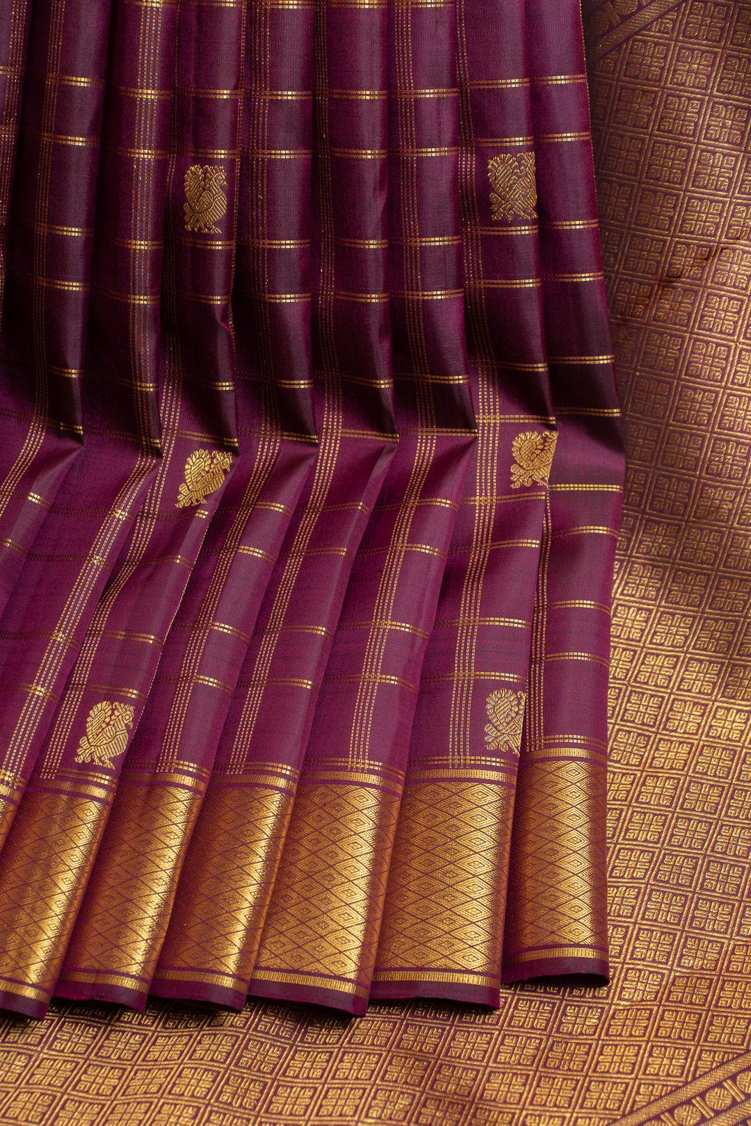 Purple zari checks pure Kanchipuram silk saree