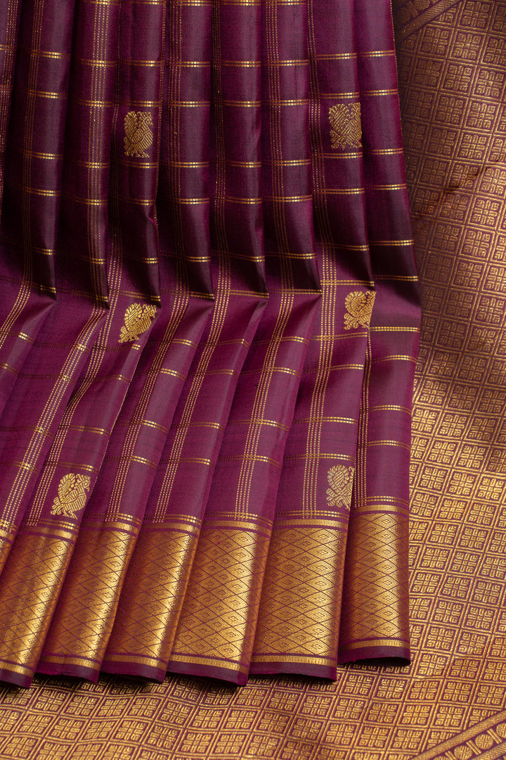 Purple zari checks pure Kanchipuram silk saree