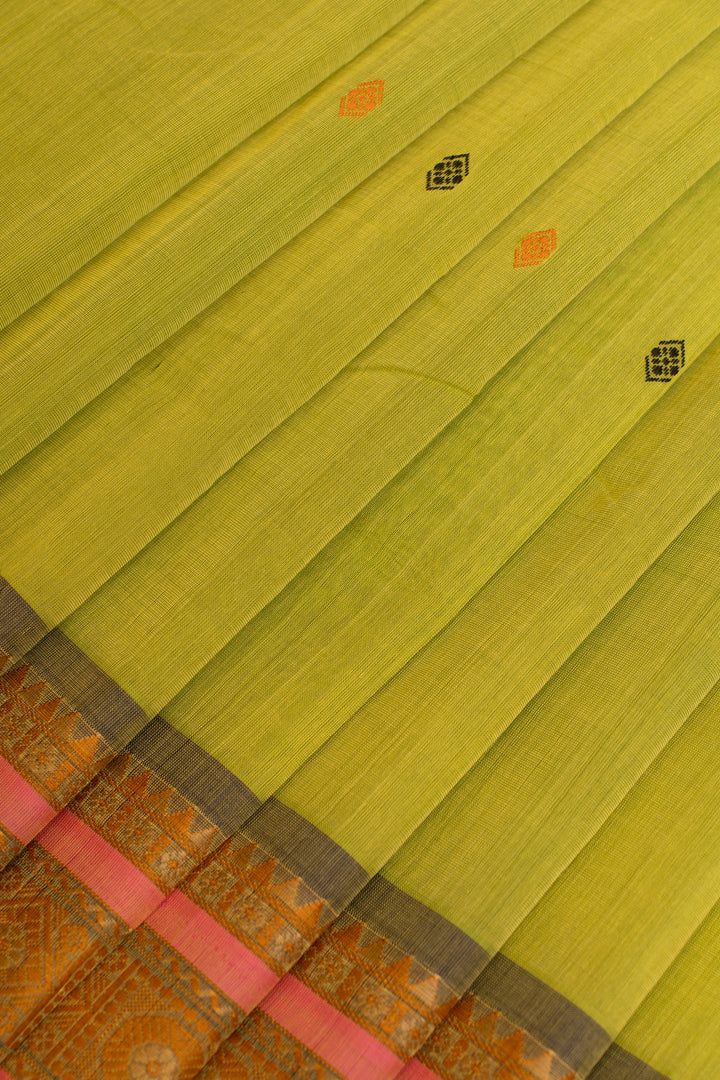 Lime green threadwork pure handloom cotton saree
