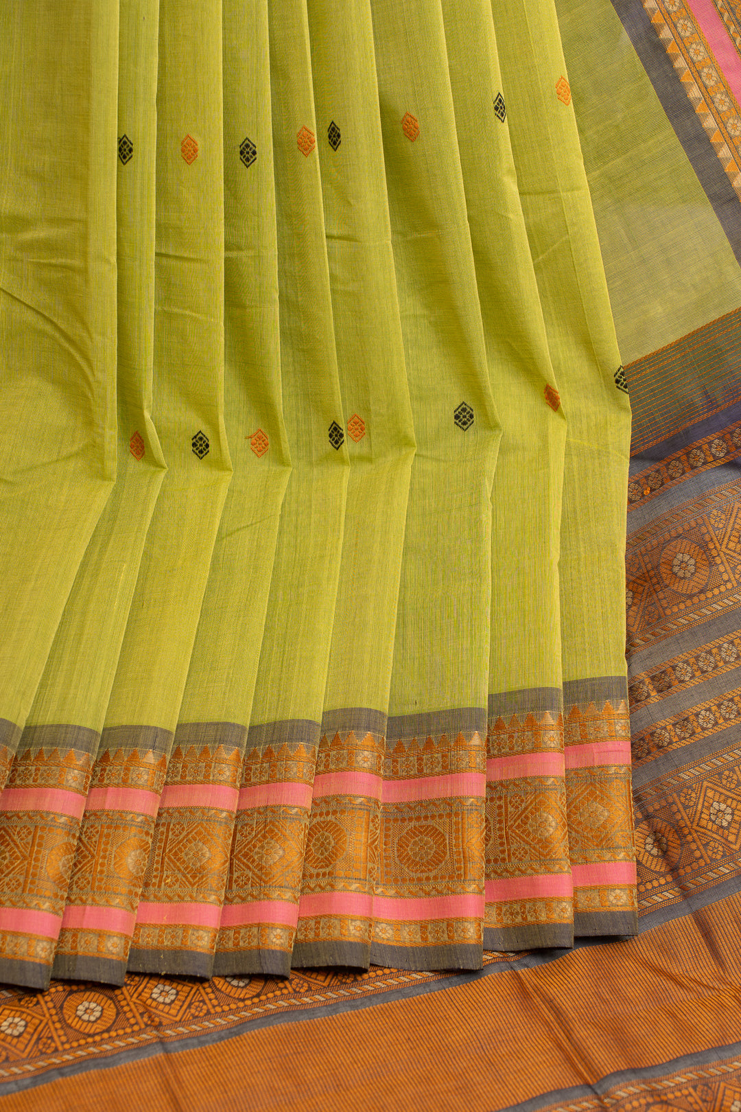 Lime green threadwork pure handloom cotton saree