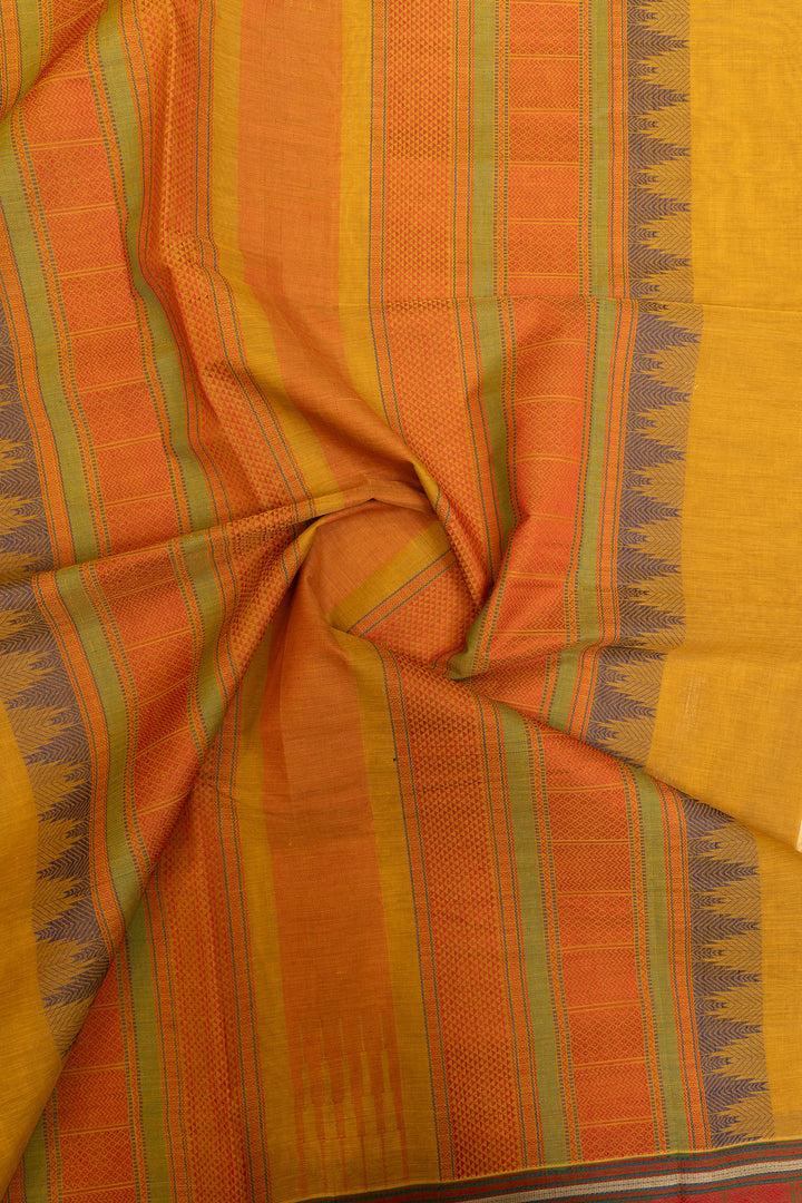 Mustard yellow temple border pure handloom cotton saree