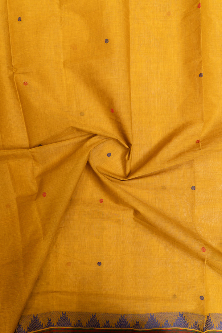 Mustard yellow temple border pure handloom cotton saree