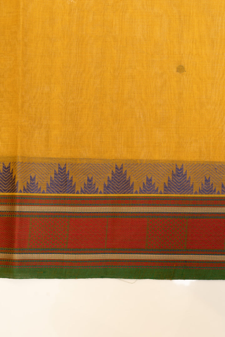 Mustard yellow temple border pure handloom cotton saree