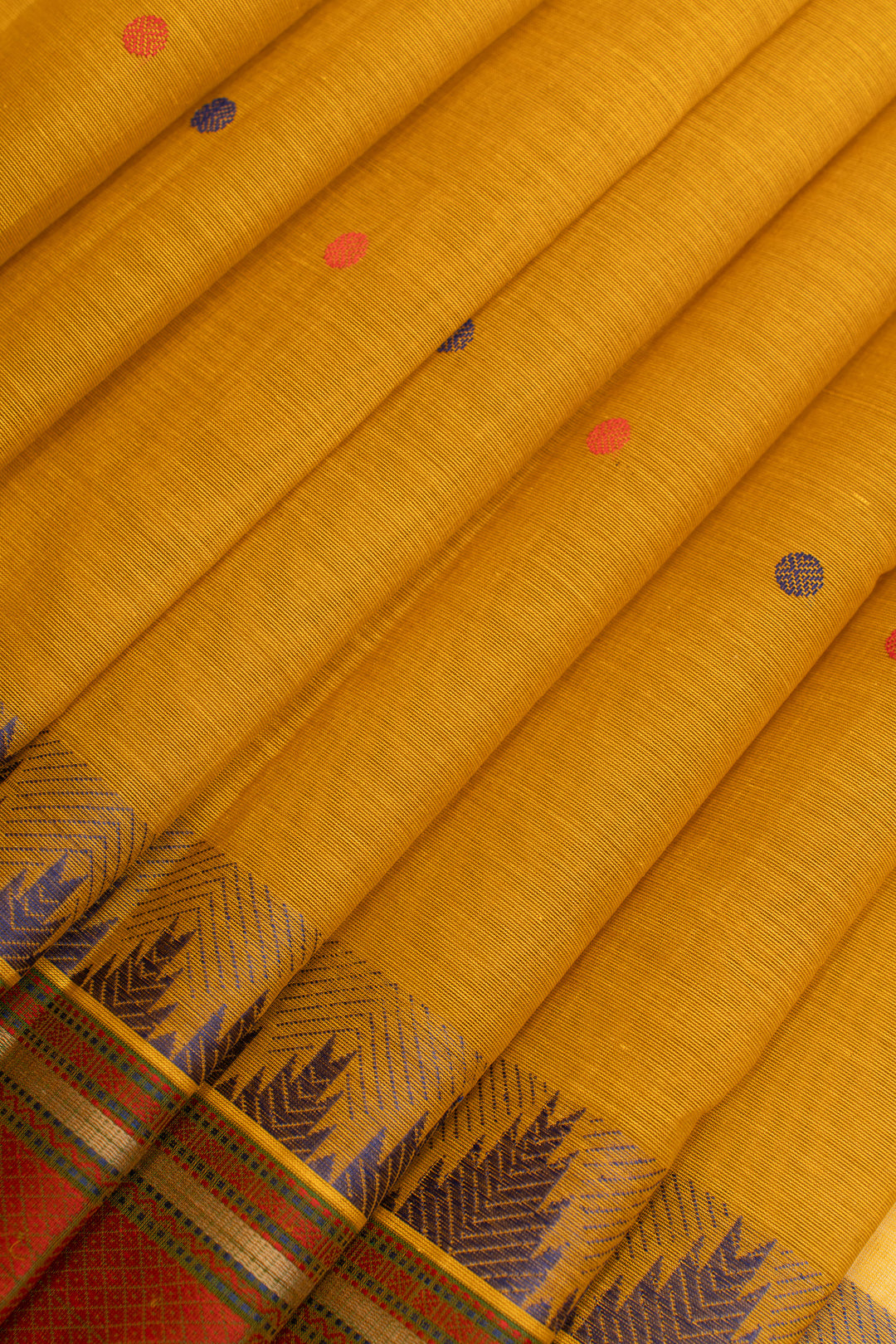 Mustard yellow temple border pure handloom cotton saree