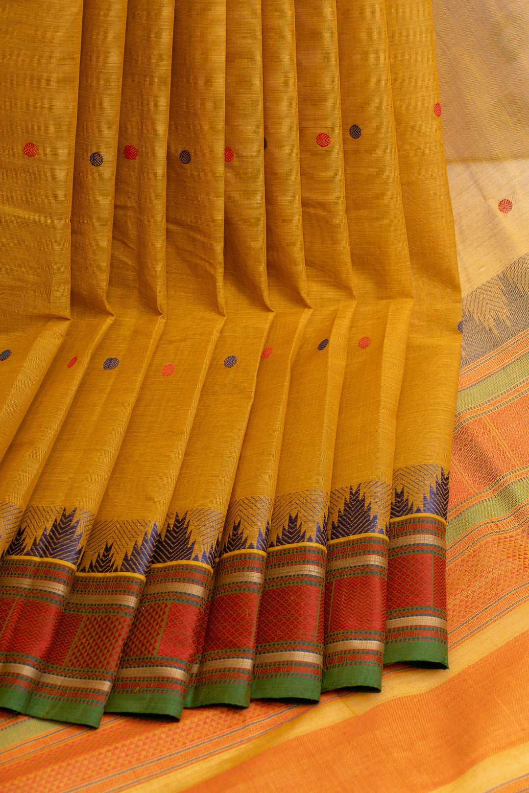 Mustard yellow temple border pure handloom cotton saree
