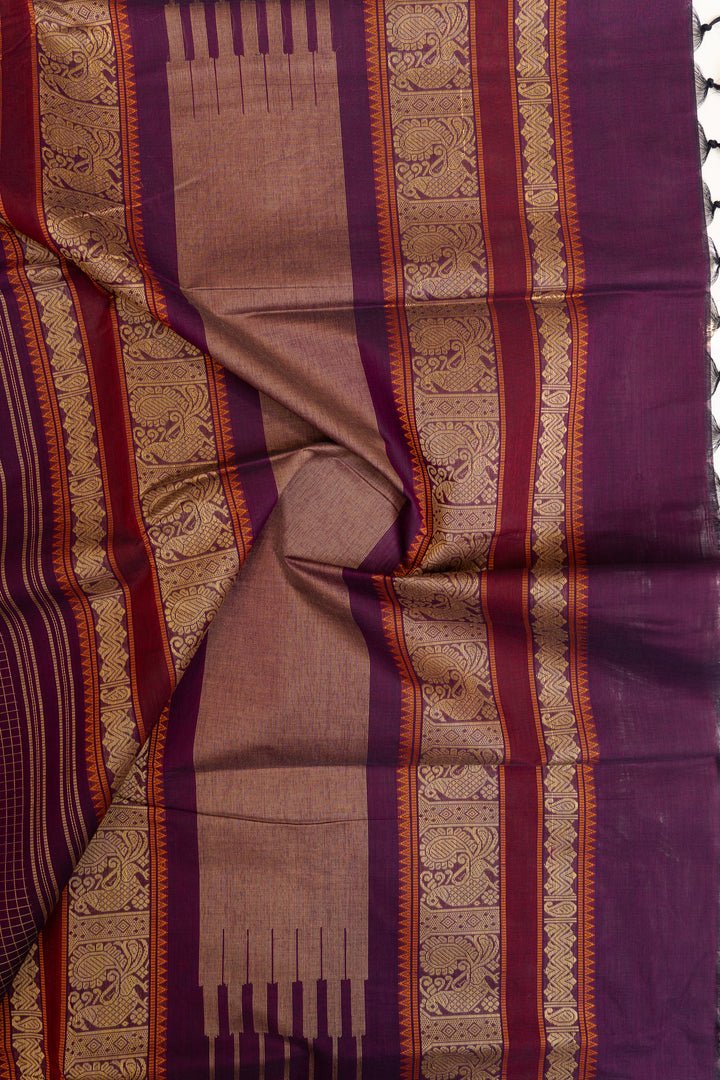 Purple checks pure handloom cotton saree
