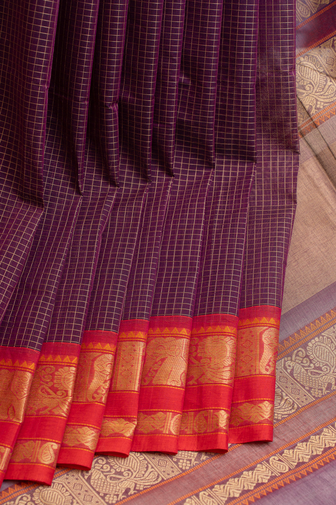 Purple checks pure handloom cotton saree