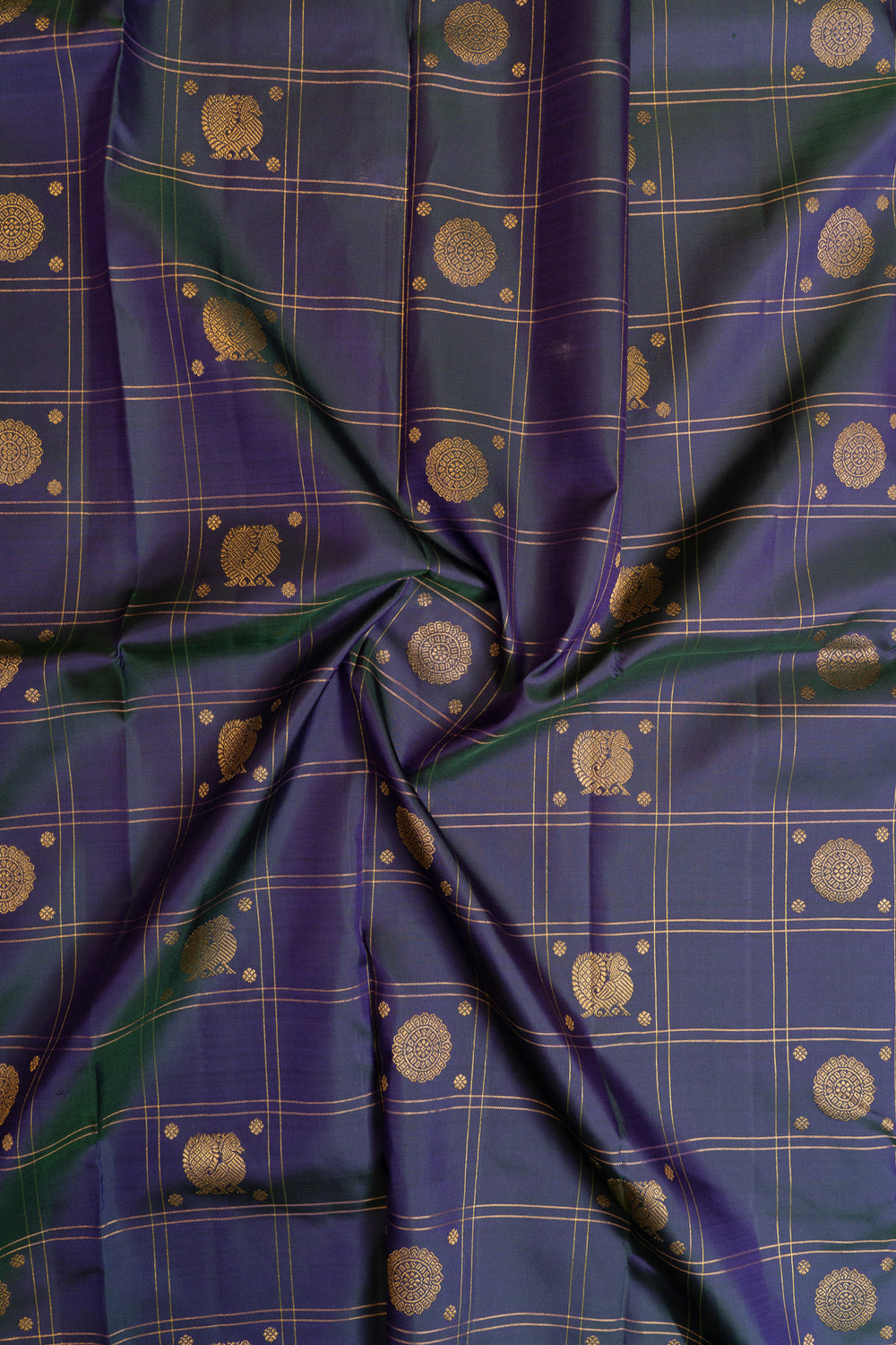 Bluish purple checks pure Kanchipuram silk saree
