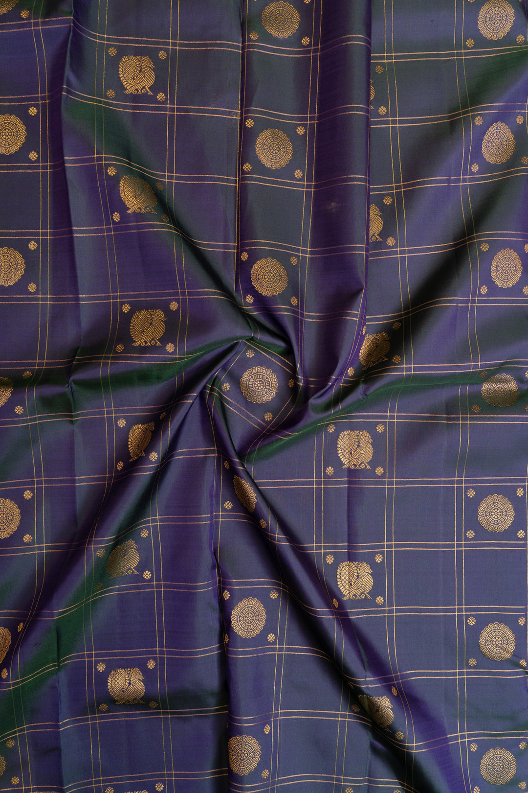 Bluish purple checks pure Kanchipuram silk saree