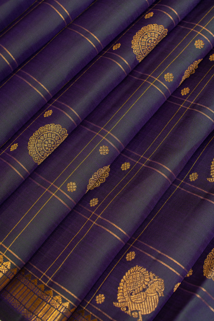 Bluish purple checks pure Kanchipuram silk saree