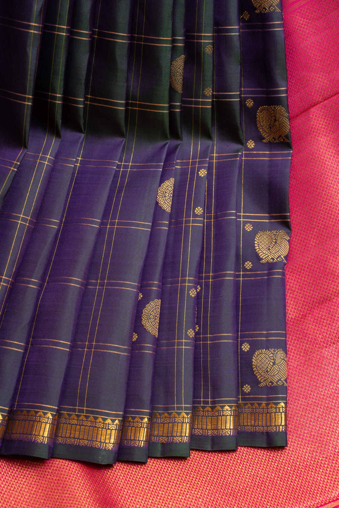 Bluish purple checks pure Kanchipuram silk saree