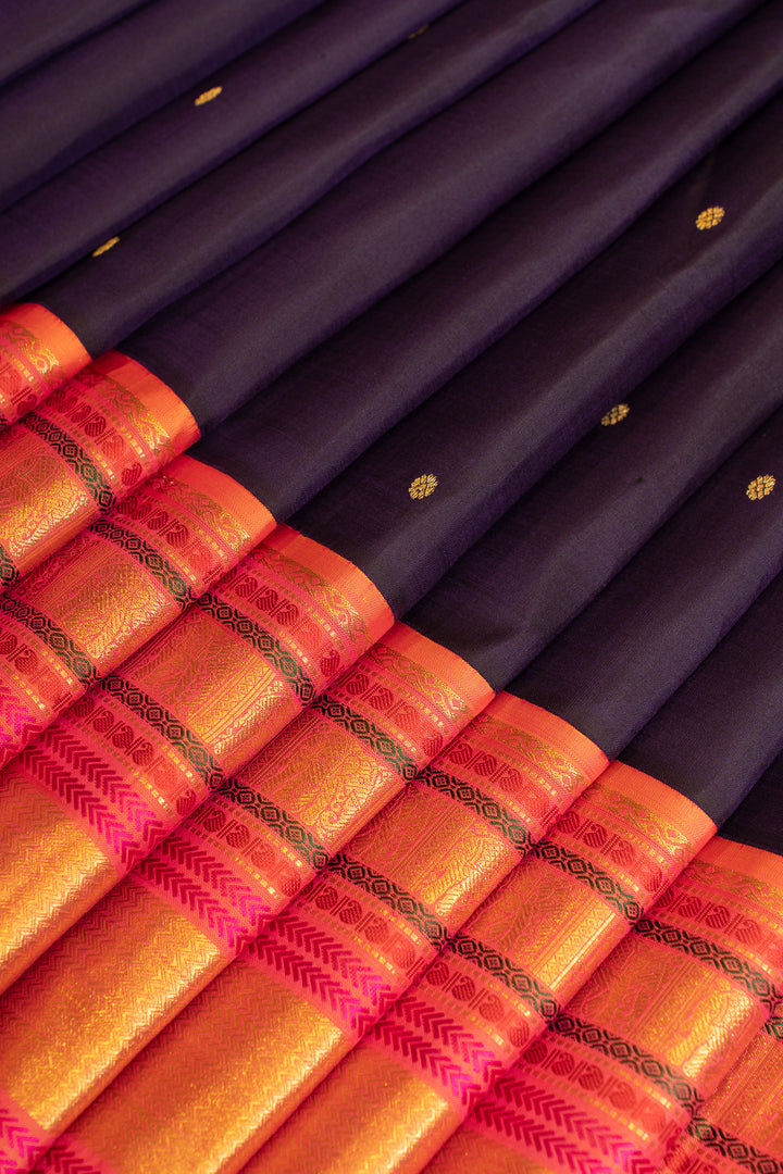 Violet and peach Varisaipettu pure Kanchipuram silk saree
