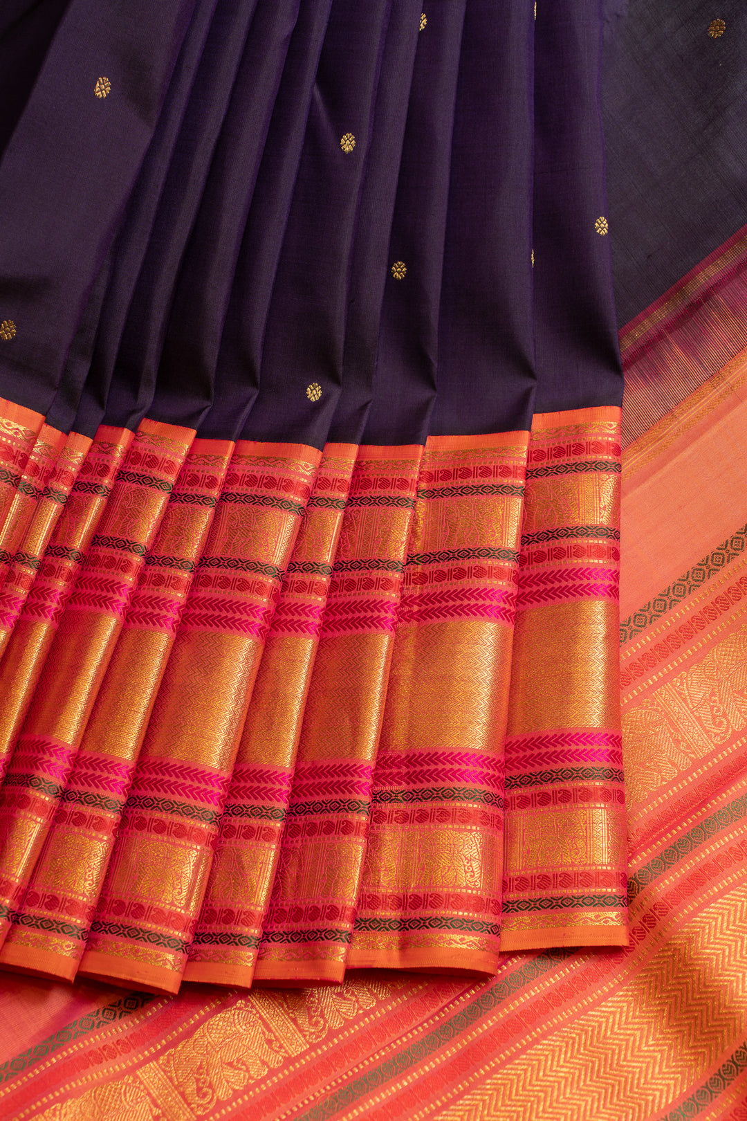 Violet and peach Varisaipettu pure Kanchipuram silk saree