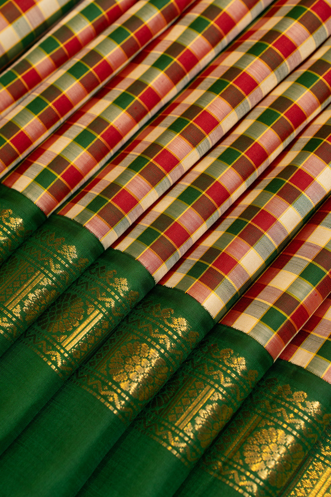 Green multi checks rettai pettu pure Kanchipuram silk saree
