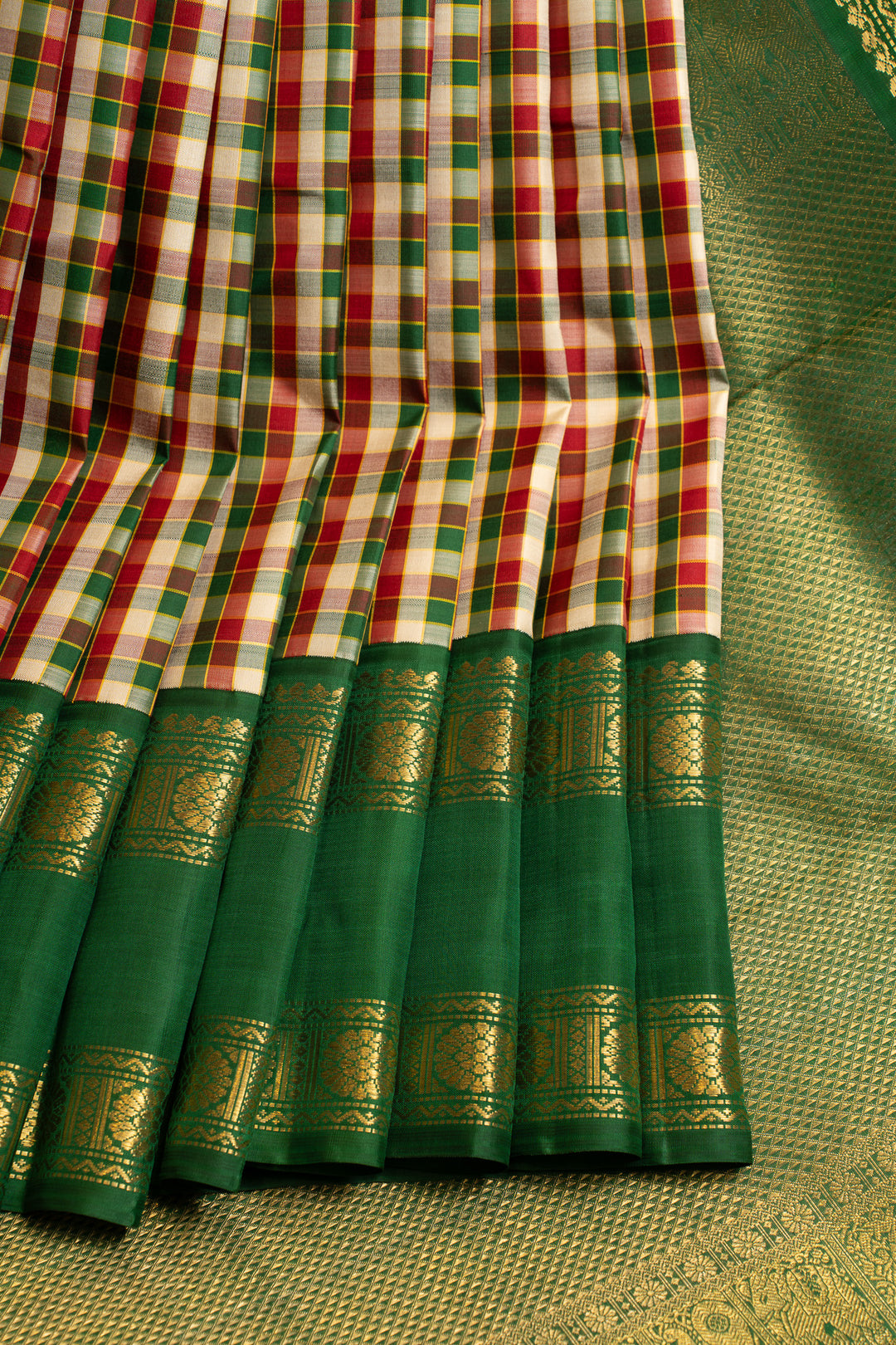Green multi checks rettai pettu pure Kanchipuram silk saree