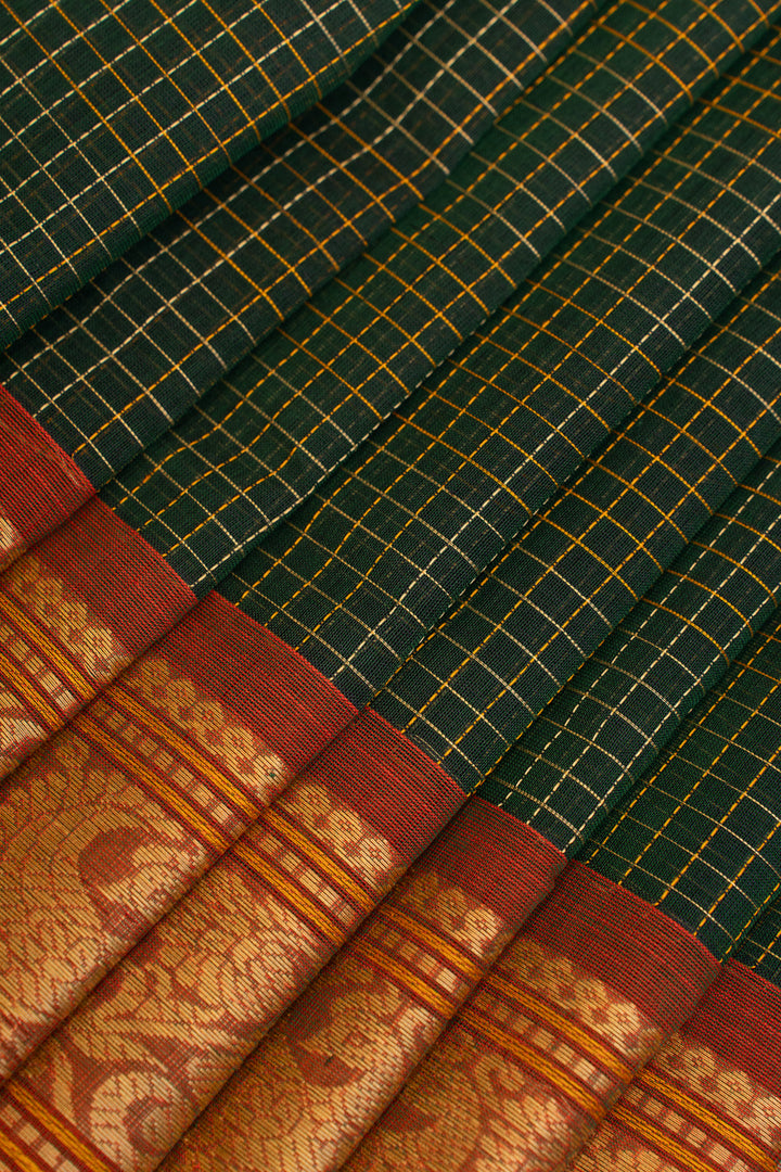 Green and maroon thread checks pure handloom cotton saree