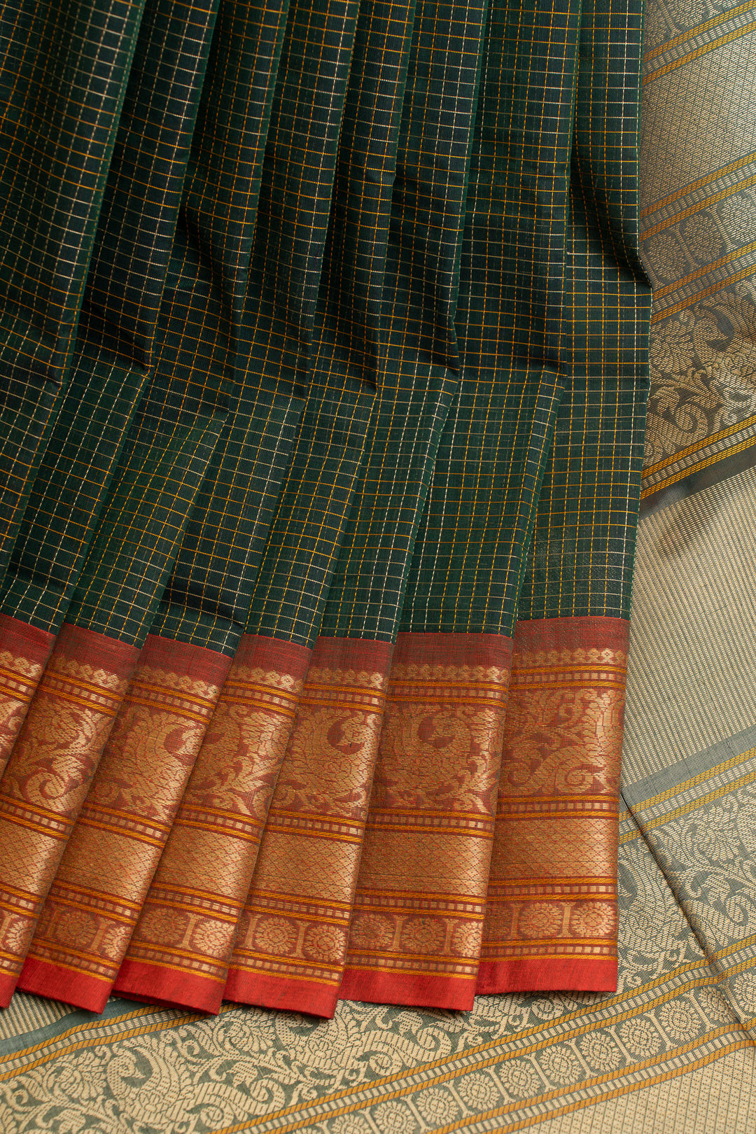 Green and maroon thread checks pure handloom cotton saree