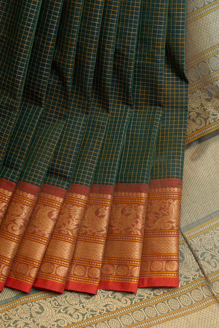 Green and maroon thread checks pure handloom cotton saree