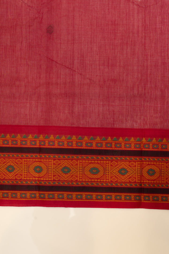 Lotus pink and red threadwork pure handloom cotton saree